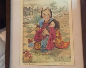 Willy Seiler Asian Color Etching Portrait of Young Girl Holding Doll - hand signed