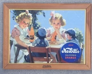 1940's Nesbitt Twin Girls Wooden Framed Cardboard Sign(25"x11")