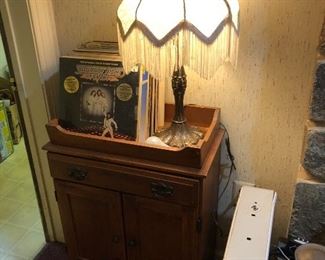 Records, lamp, wood stand