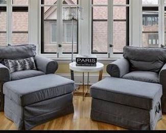 Arm chairs, round end table, lamp