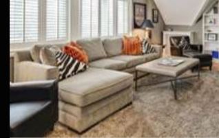 Sectional sofa, cocktail table, large area rug
