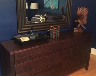 Six drawer dresser, mirror, decor