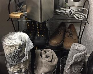 Bathroom rugs, toilet paper holders,tissue boxes, Rowenta iron, men’s footwear Rockport, Frye, Keen