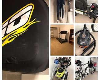 Towable, wet suits, Image 10.6 treadmill, Rigid shop vac, Pressure Washer w/Honda motor, men's Schwinn bike.