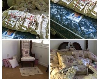 King linens--a complete set of comforter and accessories, bath towels, rug, pillows, curtains, valence, and wallpaper border.