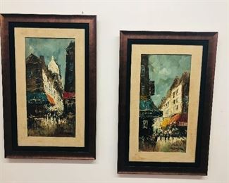 Probably from a Parisian street vendor, these vintage paintings are sold as a set, with a few mat stains, but still oil painting standouts 