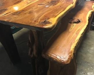 Cedar table w two side benches. This is a large table which can be used as a dining room table or for a party room. Very solid and stury.   $950