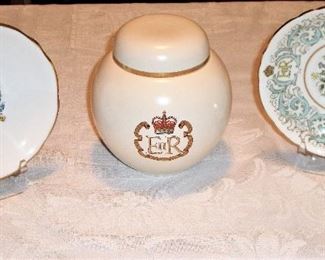 (LEFT) PARAGON FINE BONE CHINA "THE CORONATION OF QUEEN ELIZABETH II, 1953". (CENTER) CARLTON WARE GINGER JAR "ENGLAND". (RIGHT) ROYAL STAFFORD BONE CHINA "ENGLAND"