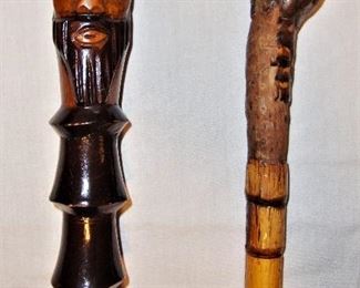 WOOD CARVED WALKING CANE ON LEFT "JAMAICA", VINTAGE SWORD CANE ON RIGHT