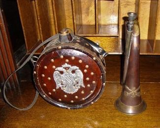 WOODEN MILITARY CANTEEN "PRUSSIAN" and A CIVIL WAR/INDIAN WARS BUGLE, 7TH CAVALRY. BOTH ARE RE-ENACTMENT PIECES.