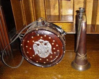 WOODEN MILITARY CANTEEN "PRUSSIAN" and  A CIVIL WAR/INDIAN WARS BUGLE, 7TH CAVALRY. BOTH ARE RE-ENACTMENT PIECES.