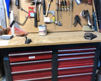 Tool box is full of hand tools and hardware- more not pictured