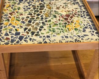 Custom tile mosaic table with glass top (so your knick-knacks stay level)