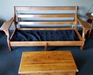 Paddle Arm maple three seat sofa and maple trunk