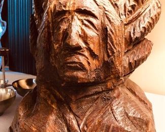 Wood carved heavy Indian head sculpture