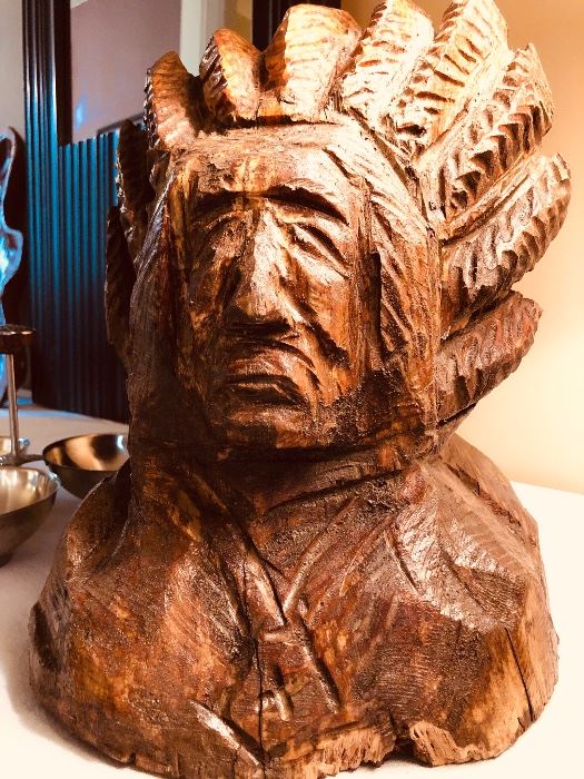 Wood carved heavy Indian head sculpture