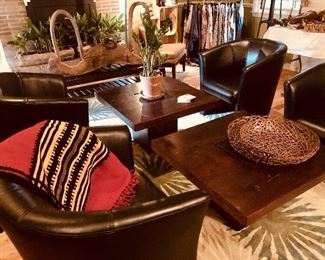 Arhaus wood coffee tables. 
4 Black club chairs 