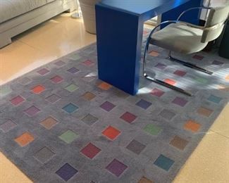 Desk, rug, cantilever chair, shredder, glass and chrome table lamp, fainting couch