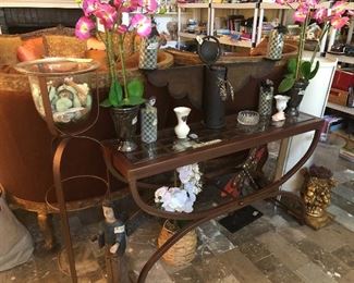 metal and glass sofa table /entry- have side tables that match and coffee table SOLD STAND W/ GLASS