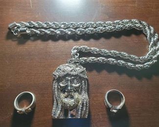 Silver Jesus Head Necklace, Cross Ring and Round Stone Ring