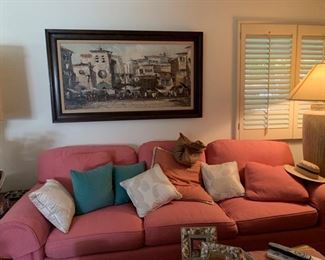 Custom Upholstered Couch, Original Painting "Espana", Ceramic Base Floor Lamp