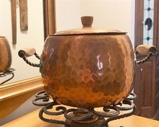 Copper fondue pot with skewers