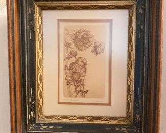 Antique frame with a sepia tone lithography bird print. 