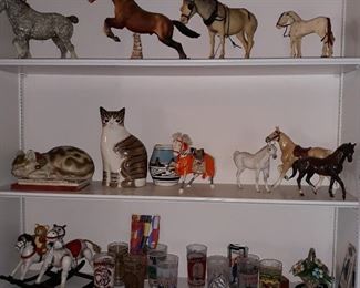 Kentucky Derby Glasses, horse figurines, cat figurines