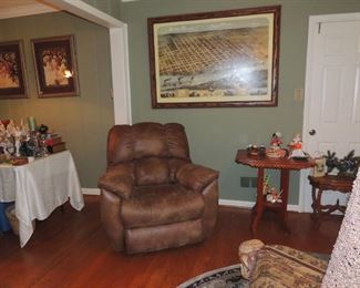 new suede recliner , awesome large framed city of Little Rock, refinished tiger maple table