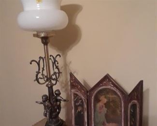 Vintage angel lamp and angel triptych 