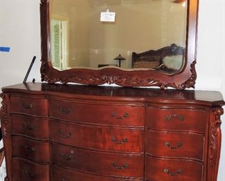 Carved Wood, Traditional King size bedroom suite: dresser with mirror, Chest, 2 side tables, bed frame.  Serta 2018 adjustable king mattress