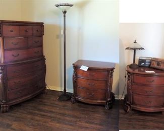 Carved Wood, Traditional King size bedroom suite: dresser with mirror, Chest, 2 side tables, bed frame.  Serta 2018 adjustable king mattress