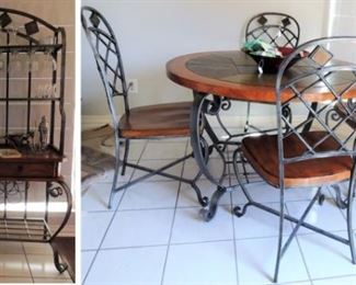 Breakfast Set.  Heavy Iron, wood and stone Round Table, 4 Chairs and Wine buffet