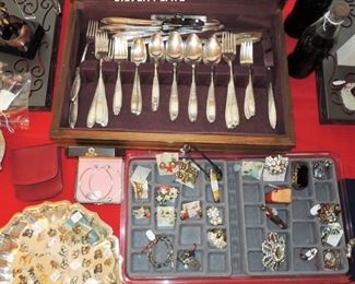 SILVER PLATE flatware.  Gold and silver TONE jewelry.  No sterling no gold