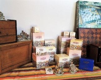 Antique wood boxes and foot stools.  Chess sets. David Winter Castles