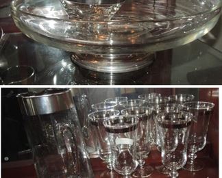 mid-century, silver rim glasses, pitcher, stemware, bowls and more