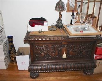 Carved Chest with Small Lamp 