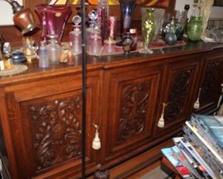 Carved Credenza and Many Pieces of Quality Art Glass