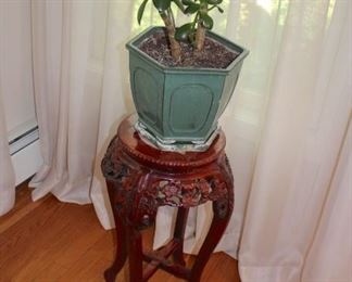 Small Round Carved Table with Small Potted Jade Tree