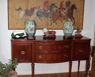 Mahogany Credenza with Decorative Urns and 4 Panel Art