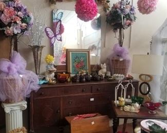 antique buffet, antique school desk, pillars and small tables