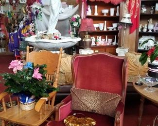 large fountain, velvet armchair