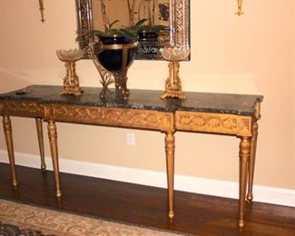 Marble Top Console Table with Gold Finish and Quality Decorative Items