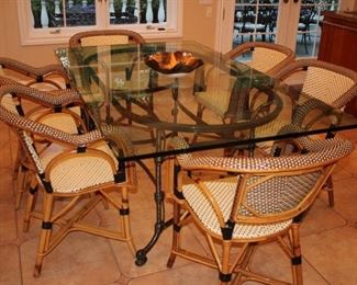 Metal and Glass Kitchen Table with 6 Bamboo Chairs