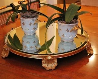 Round Mirrored Tray and Pair of Potted Orchids