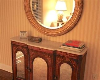 Stenciled Marble Top Cabinet with Large Framed Round Mirror