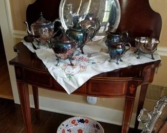 Game table, Turn top table, Silver plate serving pieces 