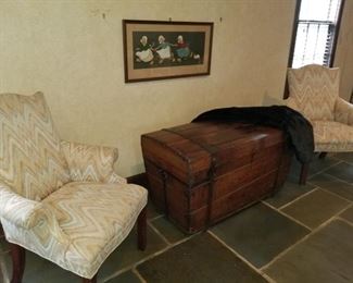 Large antique trunk, matching arm chairs 