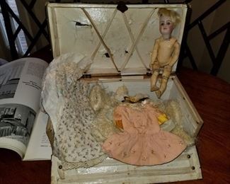 Antique Doll, Doll Clothes and case 