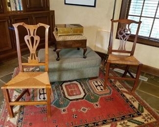 Vintage Chairs, Chippendale Style, Ottomans, Vintage hand woven rug(6x6)